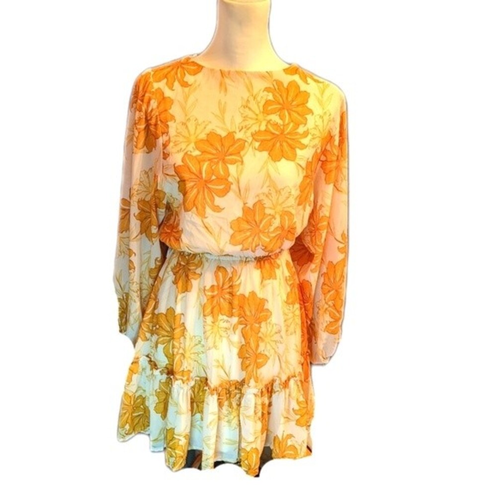 Flying Tomato long sleeve mini dress, elastic waistband, cream & gold floral S